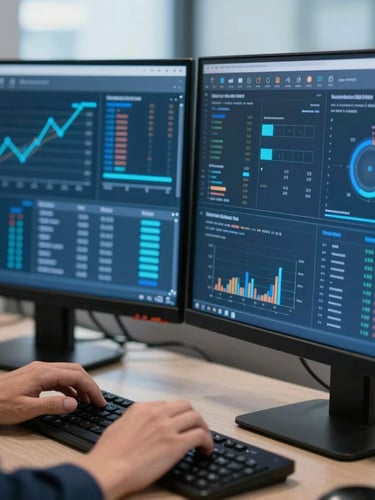 Close-up of an analyst's hands interacting with a complex data dashboard on dual monitors, subtle blue screen glow, crisp office daylight, deep blues, sharp focus, 50mm, data visualizations visible