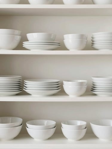 Clean medium shot of organized kitchen shelves with white ceramic dinnerware, bright even daylight, sharp focus, 35mm