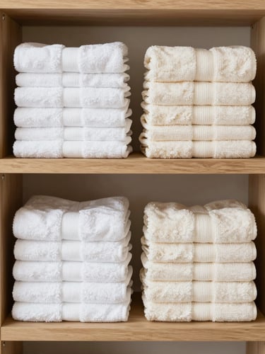 Straight-on medium shot of neatly folded stacks of high-quality white and cream bath towels on a structured wooden shelf, bright clean home photography, even neutral daylight