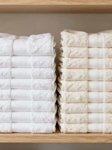 Straight-on medium shot of neatly folded stacks of high-quality white and cream bath towels on a clean wooden shelf, bright neutral daylight, crisp white balance, 35mm