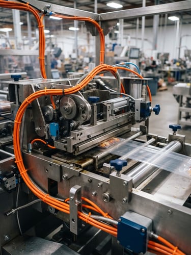 Close-up of a stainless steel packaging mechanism with orange cables, high-contrast metallic reflections, bright factory lighting, sharp focus, 50mm lens