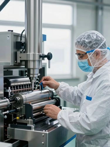 An Argentine technician in clean uniform adjusting a high-speed packaging line, metallic steel reflections, bright factory window light