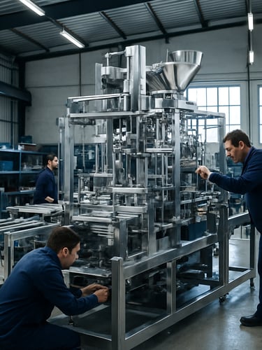 Wide shot of an active industrial workshop in Argentina, technicians assembling a large automatic packaging machine, natural window light, metallic reflections