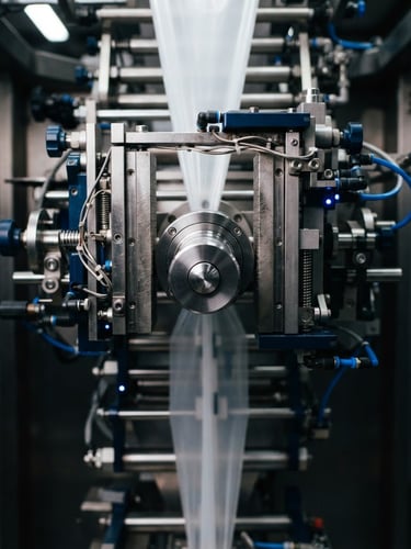 Close-up of a stainless steel vertical packaging machine nozzle with clean industrial lighting and sharp focus on the mechanical assembly