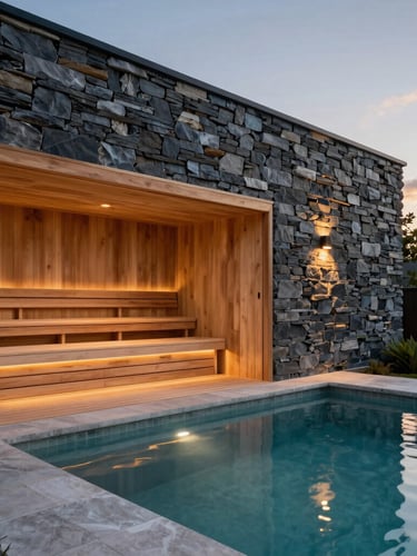 Vertical architectural portrait of a luxury outdoor wellness suite, featuring a custom cedar sauna and cold plunge pool adjacent to a slate stone wall, twilight lighting