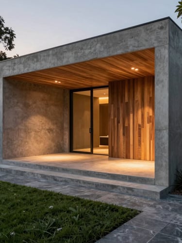 Vertical architectural shot of a terraced concrete entryway with warm wood accents and integrated step lights, twilight, 35mm.