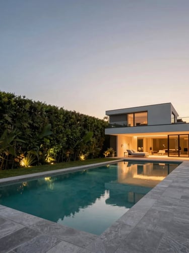 Wide-angle architectural shot of a modern minimalist estate at twilight, warm landscape lighting highlighting a zero-edge pool that vanishes into a dark green hedge line, 35mm.