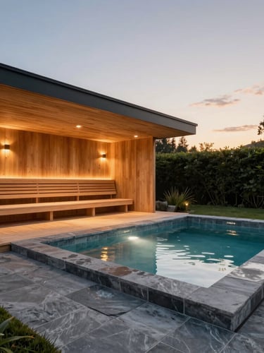 High-end architectural photography of a modern outdoor wellness suite, sleek cedar sauna next to a stone cold plunge pool, warm low-level twilight lighting, slate gray tiles