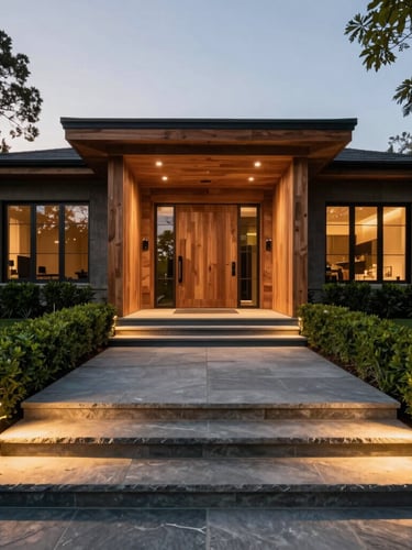 Wide-angle architectural twilight photograph of a modern estate front entrance, monolithic slate steps framed by warm cedar wood cladding, architectural uplighting casting long linear shadows, terminating hedges in deep forest green lining the property line, 35mm.