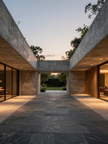 Wide-angle architectural twilight shot of a seamless indoor-outdoor transition, concrete structural lines, warm slate and teak materials, soft landscape lighting