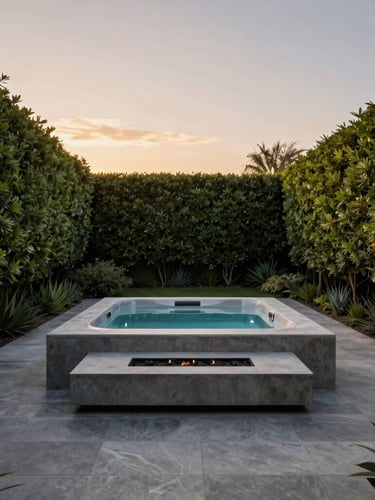 Wide environmental shot of a luxurious modern backyard at dusk, a sleek concrete fire pit area next to a zero-edge hot tub, terminating hedges framing the view, 35mm.