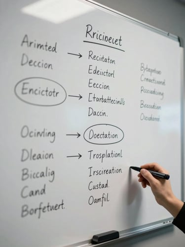 Close-up overhead shot of a whiteboard filled with architecture decision notes and circled edge-case annotations, dry-erase marker resting at the bottom right, cool studio work lighting