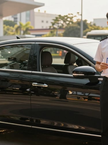 A clean modern black sedan parked outside Hanoi arrivals terminal, a professional driver in a clean uniform holding a neat name sign, soft natural daylight.