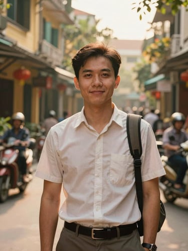 A warm editorial portrait of a welcoming local guide in Hanoi, soft natural golden-hour light, rich saturated organic tones, 35mm lens.