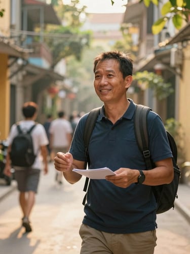 A candid medium shot of a professional local guide in Hanoi, smiling warmly, guiding travelers through a quiet, sunlit alley, soft natural golden-hour light, 35mm lens.