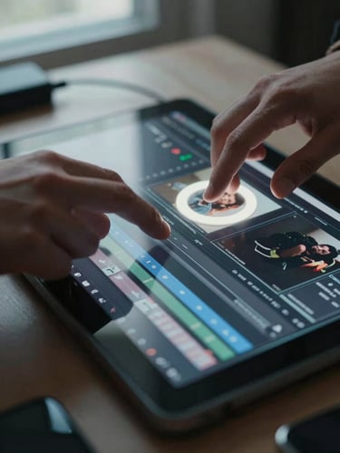Extreme close-up of hands hovering over a ring-light-lit editing screen showing a short-form video timeline, cool desaturated light from a nearby window casting blue-grey shadows on the desk, cables and a phone visible at the frame edge, no face—only the working hands and screen