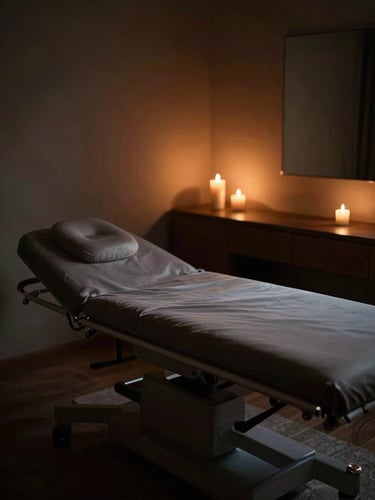 Moody editorial photography of a serene treatment room in a private villa, warm candlelit ambiance, deep shadows, bronze and charcoal tones, shallow depth of field, 35mm