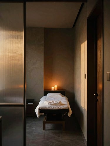 Architectural detail of a quiet villa treatment room corridor, soft golden-hour light filtering through a screen, warm bronze and charcoal tones, moody editorial photography, 35mm