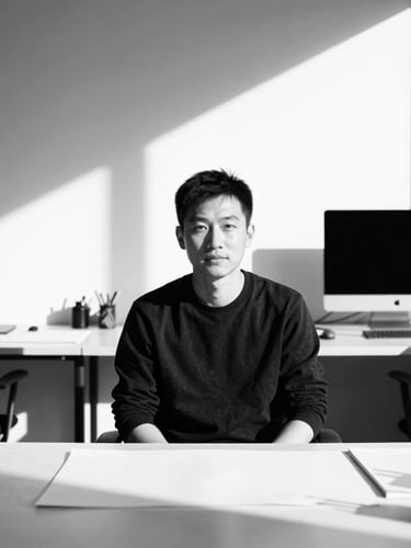 High-contrast black and white portrait of a designer in a clean architectural workspace, sharp direct sunlight, deep shadows.