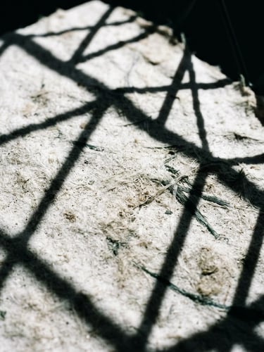 Extreme close-up of a textured, sustainable bioplastic sheet under harsh direct sunlight, casting sharp geometric shadows.