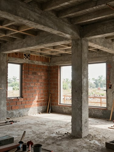 Wide architectural framing of an in-progress residential construction interior in Patna — concrete columns and brick walls mid-installation, natural daylight flooding through open window frames, workers' tools visible on the floor foreground, structural ceiling beams exposed above, documentary framing showing material reality