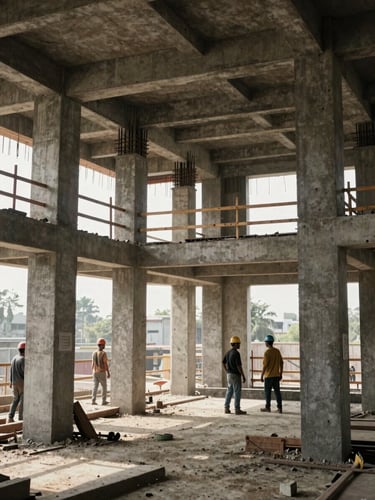 Wide architectural framing of an active residential construction site interior in Patna, concrete columns and rebar visible mid-pour, workers in hard hats laying structural framework, north-facing daylight flooding through open window openings, dust motes in the air showing scale and depth, no people's faces visible
