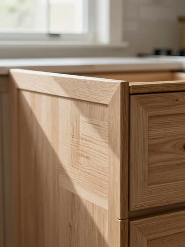 Intimate close-up of cabinetry joinery in a completed kitchen renovation — dovetail drawer corner, hand-applied oil finish on quarter-sawn white oak, cool north-facing window light raking across the grain, no people