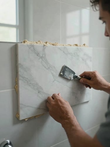 Close-up documentary shot of a craftsman's hands setting a large-format marble tile on a bathroom wall, cool daylight from a nearby window revealing the tile's veining and the mortar bed beneath, trowel resting at the edge, no faces visible