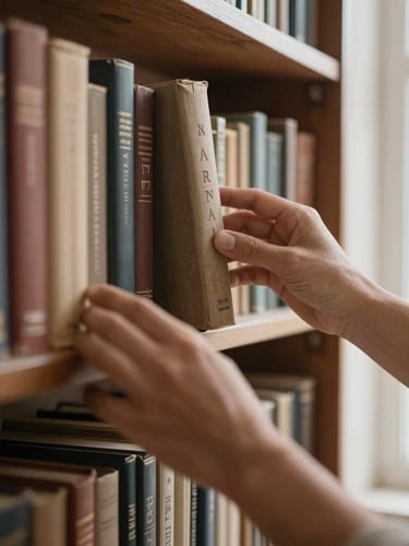 Close-up of hands gently arranging books on a shelf in a sunlit Islamic library, soft natural window light, rich muted earth tones, shallow depth of field