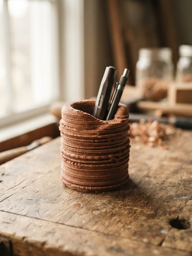 A macro portrait photograph of a 3D-printed terracotta pen dock on a wooden workbench, showing detailed filament layers, soft natural side-lighting from a studio window, warm shadows, 35mm
