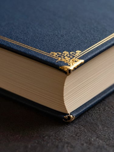 Macro shot of a high-end book with gold leaf gilding on the page edges, resting on a dark linen surface, warm side lighting