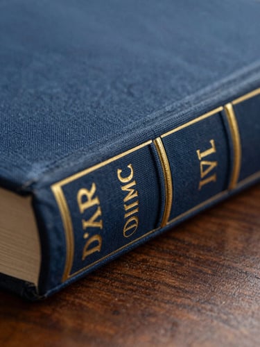A close-up macro shot of a linen-bound book spine with gold foil lettering, resting on a dark wooden desk under warm, soft side-light.