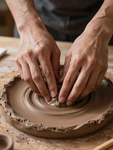 Extreme close-up portrait of two hands pressing fingertips into a slab of raw terracotta clay on a wooden table, soft north-facing natural light from the upper left, deep warm shadows in the clay impressions, no faces visible, no background detail — only hands and raw material, contemplative and still