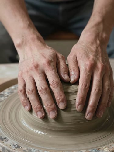 Extreme close-up, hands pressing into raw clay on a stone surface, soft north-facing daylight raking across the material, deep shadows in the grooves of the clay, no face visible, no artifice — the texture of the material dominates the entire frame