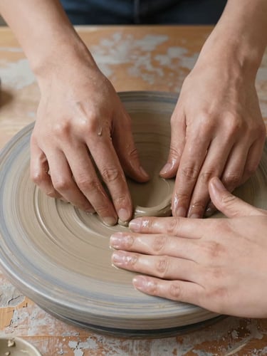 Extreme close-up of two pairs of hands working side by side on a clay surface, one pressing a thumb into wet earth, the other smoothing a ridge with a finger — shot from above on a worn wooden table, soft north-facing daylight, terracotta and cream tones, no faces visible, archival stillness