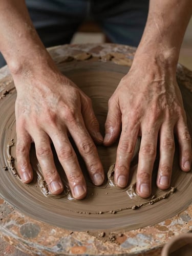Extreme close-up of two hands pressing into raw terracotta clay on a stone surface, fingers leaving deep impressions in the wet earth, soft north-facing daylight raking across the texture from the left, no faces visible, no tools, only hands and material — contemplative, archival stillness