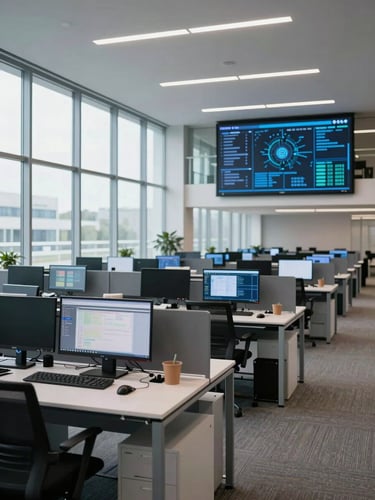 Wide environmental shot of a modern corporate operations floor, rows of workstations and large data dashboards visible on screens, natural daylight from floor-to-ceiling windows on the left side, expansive and precise, no people in frame
