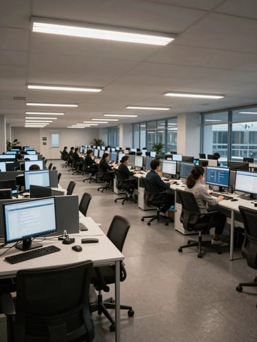 Wide panoramic view of a large corporate operations floor at dusk, rows of empty workstations with monitors displaying dashboards, overhead fluorescent lighting casting precise shadows, no people visible, shot from far end of room emphasizing scale and order