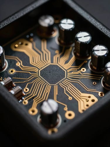 Macro shot of internal circuitry of an amplifier, gold-plated traces, high-end capacitors, dark background with sharp metallic highlights.