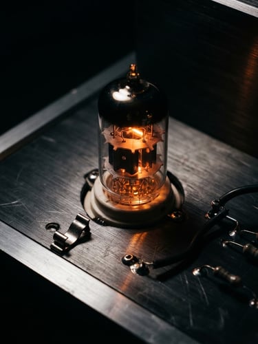 Macro shot of a high-end vacuum tube glowing warm orange inside a brushed aluminum amplifier chassis, dark shadows, dramatic studio lighting, 35mm