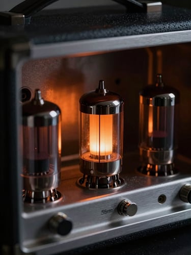 Macro studio photograph of a premium vacuum tube amplifier glowing warm orange inside a brushed aluminum chassis, dark charcoal shadows, dramatic low-key lighting, 35mm