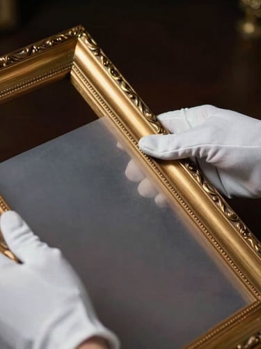 Close-up of hands in white gloves wrapping a gilded antique frame in premium multi-layered protective material, dark elegant background, dramatic low-key lighting.