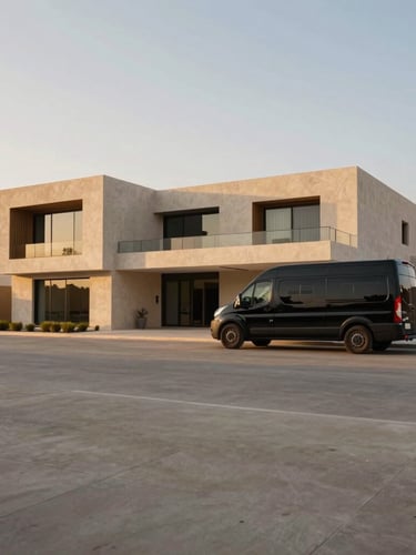 Wide panoramic shot of a modern luxury villa in Riyadh under warm golden hour light, a clean black transport vehicle parked outside, minimalist composition with generous negative space.