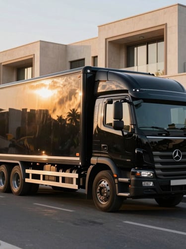 Wide panoramic shot of a spotless premium black closed transport truck parked outside a modern architectural villa in Riyadh, warm golden hour lighting reflecting off the metallic surface.