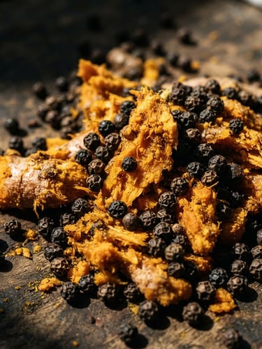 Macro close-up of raw vibrant turmeric heaps and whole black peppercorns, harsh natural sunlight, deep earthy shadows, 35mm documentary photography