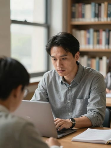 Scholarly editorial photography of a focused mentor guiding a student over a laptop, warm library background, soft natural window light, shallow depth of field, 35mm