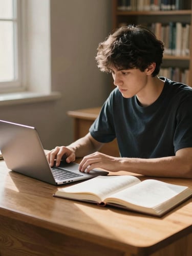 A focused student working at a wooden desk with a laptop and open physical journals, soft warm window light casting long shadows, scholarly library environment, 35mm editorial photography.