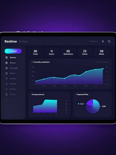 A clean modern creator dashboard UI display on a tablet screen, showing real-time view statistics and revenue charts with neon cyan and violet accents, dark background, cinematic backlighting