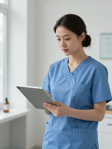Medium shot of a medical practice assistant in a clean, modern clinic, interacting professionally with a digital tablet, bright neutral daylight.