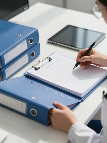 Close-up shot of a clinical trial coordinator organizing study binders and modern digital tablets on a clean white desk in bright daylight.